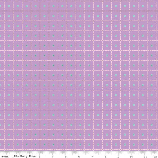 Image of Patchwork Stiches Purple quilting cotton fabric by Liza Taylor for Riley Blake Designs. Features squares on a purple background. Cute Little Fabric Shop