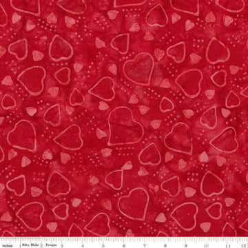 Image of Expressions Batiks Love Punch Red Red quilting cotton fabric by The RBD Designers for Riley Blake Designs. Features hearts on a red background. Cute Little Fabric Shop