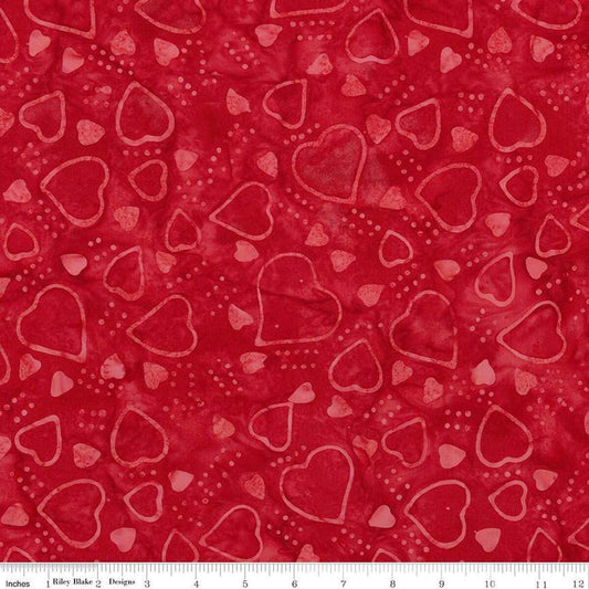 Image of Expressions Batiks Love Punch Red Red quilting cotton fabric by The RBD Designers for Riley Blake Designs. Features hearts on a red background. Cute Little Fabric Shop