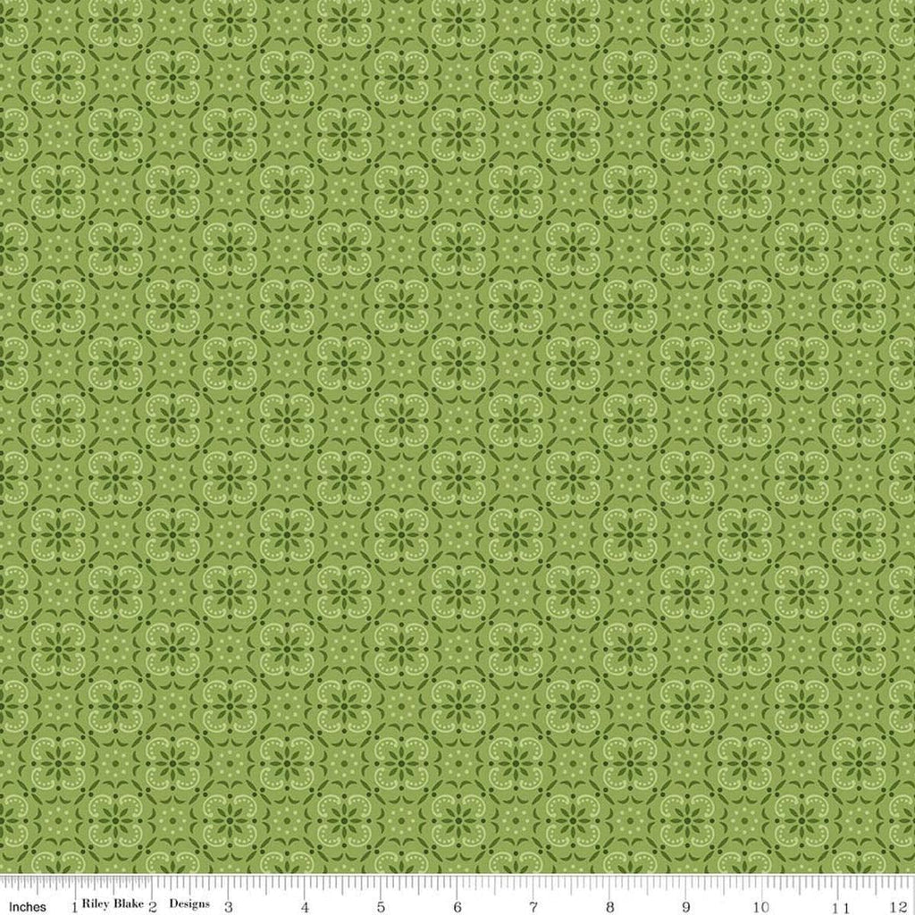 Image of Farmer's Daughter Bandana Thyme quilting cotton fabric by Lori Holt for Riley Blake Designs. Features medallions on a green background. Cute Little Fabric Shop