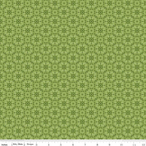 Image of Farmer's Daughter Bandana Thyme quilting cotton fabric by Lori Holt for Riley Blake Designs. Features medallions on a green background. Cute Little Fabric Shop