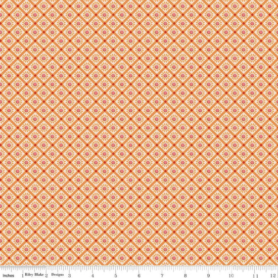 Image of Farmer's Daughter Sunflower Marigold quilting cotton fabric by Lori Holt for Riley Blake Designs. Features flowers on an orange background. Cute Little Fabric Shop