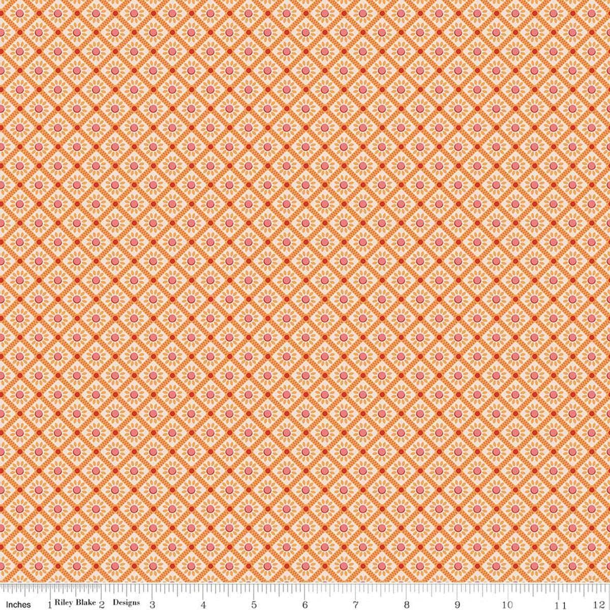 Image of Farmer's Daughter Sunflower Marigold quilting cotton fabric by Lori Holt for Riley Blake Designs. Features flowers on an orange background. Cute Little Fabric Shop