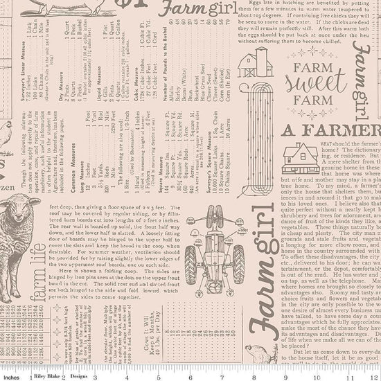 Image of Farmer's Daughter Farm Life Background Rustic quilting cotton fabric by Lori Holt for Riley Blake Designs. Features text on a cream background. Cute Little Fabric Shop