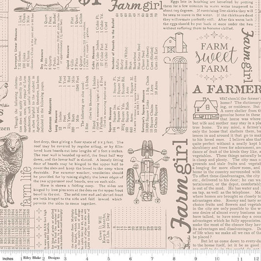 Image of Farmer's Daughter Farm Life Background Rustic quilting cotton fabric by Lori Holt for Riley Blake Designs. Features text on a cream background. Cute Little Fabric Shop