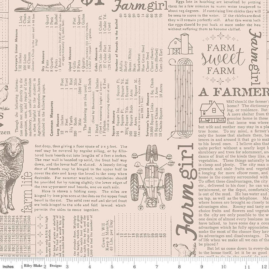 Image of Farmer's Daughter Farm Life Background Rustic quilting cotton fabric by Lori Holt for Riley Blake Designs. Features text on a cream background. Cute Little Fabric Shop