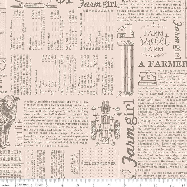 Image of Farmer's Daughter Farm Life Background Rustic quilting cotton fabric by Lori Holt for Riley Blake Designs. Features text on a cream background. Cute Little Fabric Shop