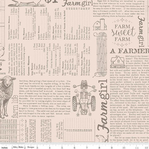 Image of Farmer's Daughter Farm Life Background Rustic quilting cotton fabric by Lori Holt for Riley Blake Designs. Features text on a cream background. Cute Little Fabric Shop
