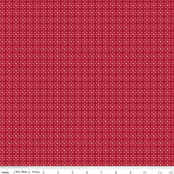 Image of Farmer's Daughter Weave Cherry Tart quilting cotton fabric by Lori Holt for Riley Blake Designs. Features geometric on a red background. Cute Little Fabric Shop