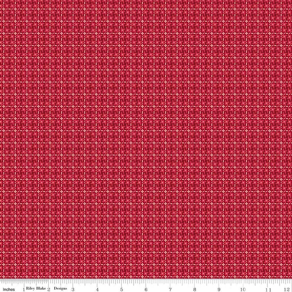 Image of Farmer's Daughter Weave Cherry Tart quilting cotton fabric by Lori Holt for Riley Blake Designs. Features geometric on a red background. Cute Little Fabric Shop