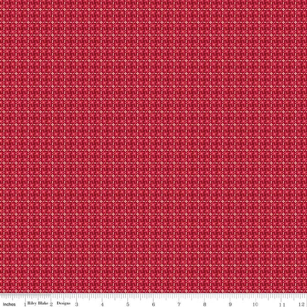 Image of Farmer's Daughter Weave Cherry Tart quilting cotton fabric by Lori Holt for Riley Blake Designs. Features geometric on a red background. Cute Little Fabric Shop