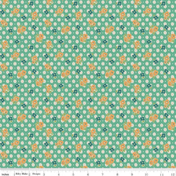 Image of Farmer's Daughter Feedsack Leaf quilting cotton fabric by Lori Holt for Riley Blake Designs. Features flowers on a blue background. Cute Little Fabric Shop