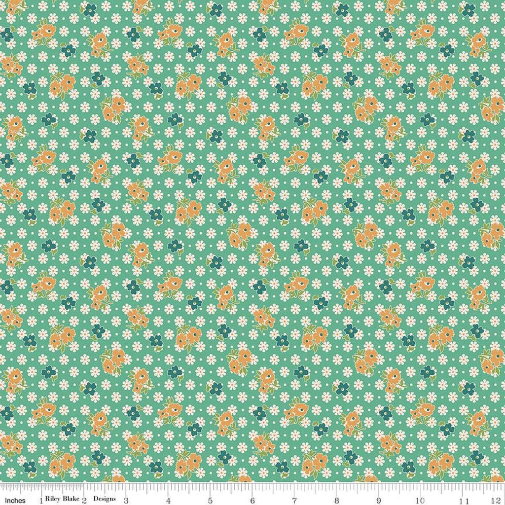 Image of Farmer's Daughter Feedsack Leaf quilting cotton fabric by Lori Holt for Riley Blake Designs. Features flowers on a blue background. Cute Little Fabric Shop