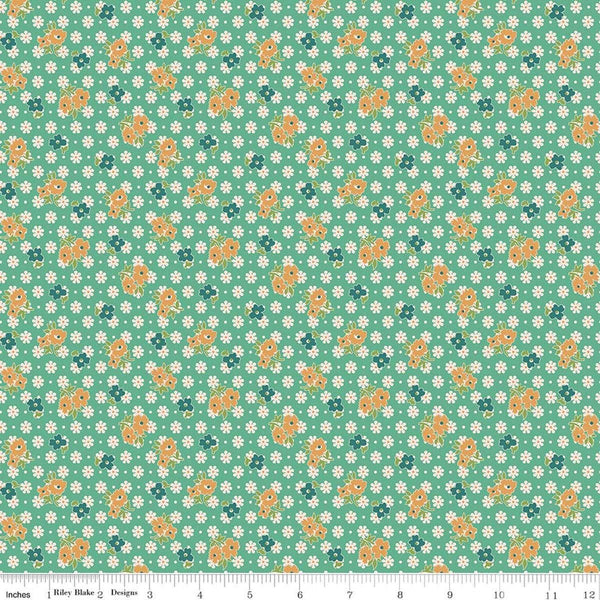 Image of Farmer's Daughter Feedsack Leaf quilting cotton fabric by Lori Holt for Riley Blake Designs. Features flowers on a blue background. Cute Little Fabric Shop
