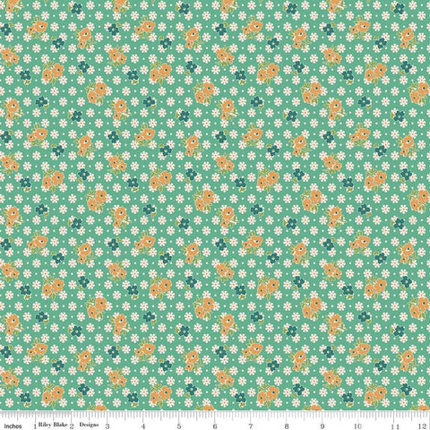 Image of Farmer's Daughter Feedsack Leaf quilting cotton fabric by Lori Holt for Riley Blake Designs. Features flowers on a blue background. Cute Little Fabric Shop