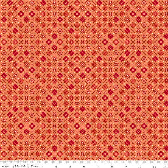 Image of Farmer's Daughter Flower Patch Squash quilting cotton fabric by Lori Holt for Riley Blake Designs. Features flowers on an orange background. Cute Little Fabric Shop