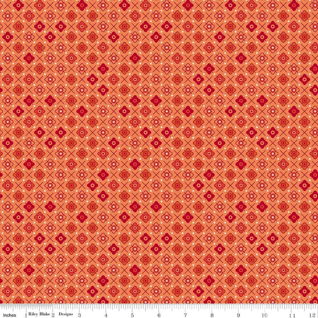 Image of Farmer's Daughter Flower Patch Squash quilting cotton fabric by Lori Holt for Riley Blake Designs. Features flowers on an orange background. Cute Little Fabric Shop