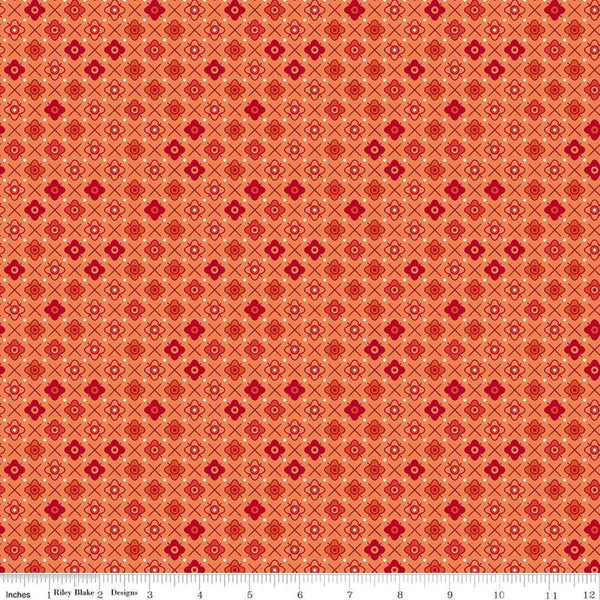 Image of Farmer's Daughter Flower Patch Squash quilting cotton fabric by Lori Holt for Riley Blake Designs. Features flowers on an orange background. Cute Little Fabric Shop
