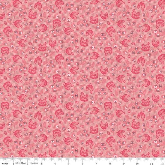 Image of Farmer's Daughter Hens & Chicks Coral quilting cotton fabric by Lori Holt for Riley Blake Designs. Features chickens on a pink background. Cute Little Fabric Shop