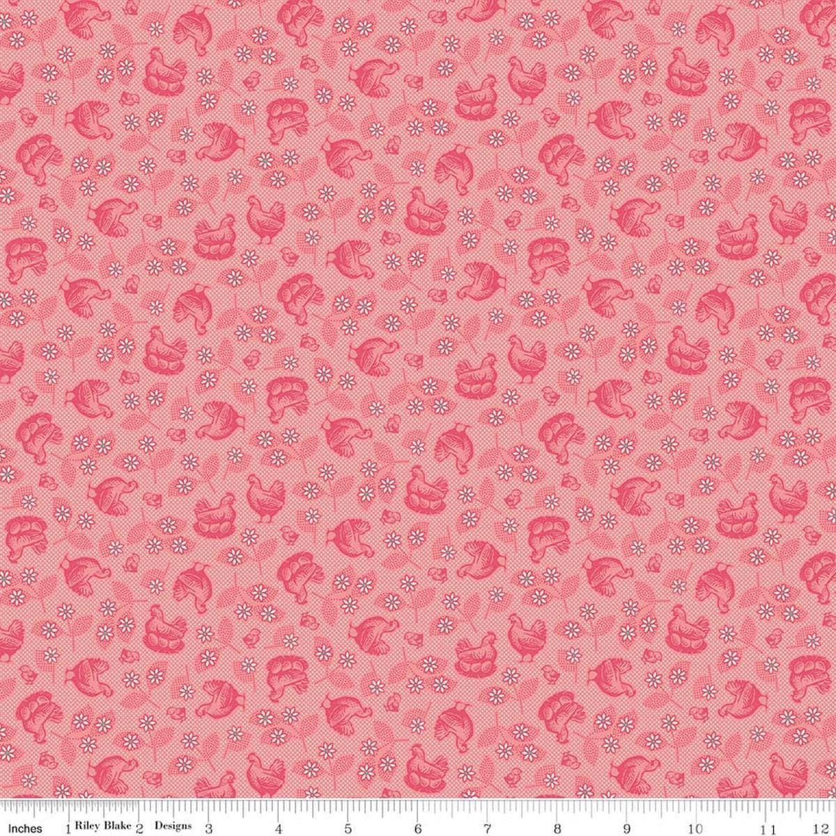 Image of Farmer's Daughter Hens & Chicks Coral quilting cotton fabric by Lori Holt for Riley Blake Designs. Features chickens on a pink background. Cute Little Fabric Shop