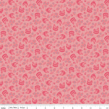 Image of Farmer's Daughter Hens & Chicks Coral quilting cotton fabric by Lori Holt for Riley Blake Designs. Features chickens on a pink background. Cute Little Fabric Shop