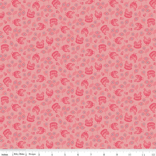 Image of Farmer's Daughter Hens & Chicks Coral quilting cotton fabric by Lori Holt for Riley Blake Designs. Features chickens on a pink background. Cute Little Fabric Shop