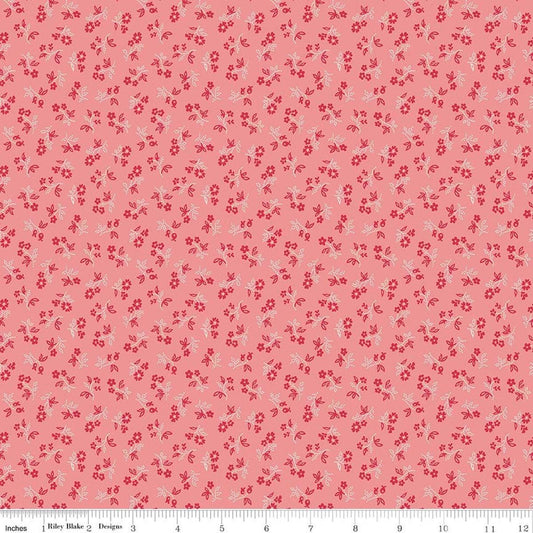 Image of Farmer's Daughter Vintage Coral quilting cotton fabric by Lori Holt for Riley Blake Designs. Features flowers on a pink background. Cute Little Fabric Shop