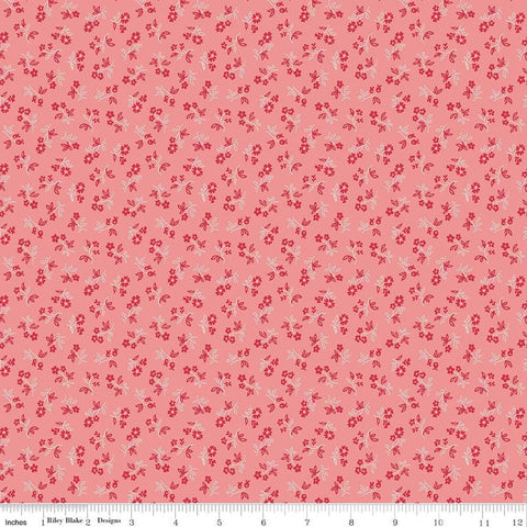 Image of Farmer's Daughter Vintage Coral quilting cotton fabric by Lori Holt for Riley Blake Designs. Features flowers on a pink background. Cute Little Fabric Shop
