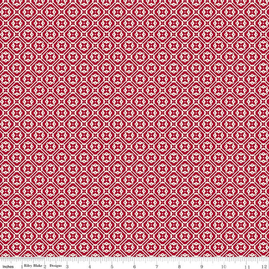 Image of Farmer's Daughter Doily Jazzberry quilting cotton fabric by Lori Holt for Riley Blake Designs. Features geometric on a red background. Cute Little Fabric Shop