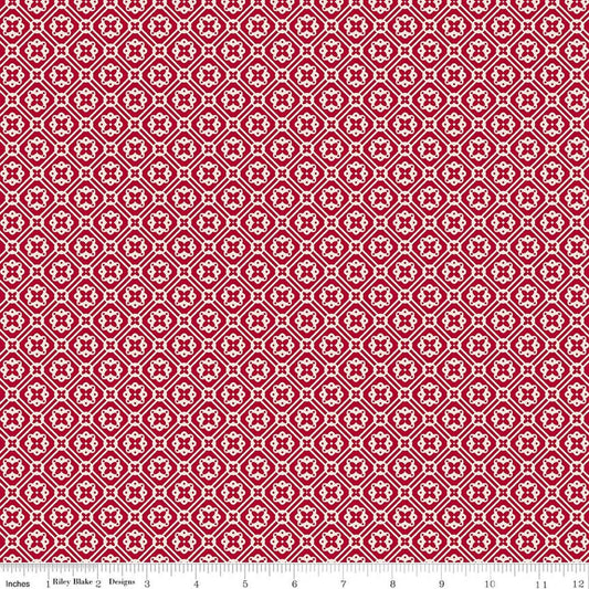 Image of Farmer's Daughter Doily Jazzberry quilting cotton fabric by Lori Holt for Riley Blake Designs. Features geometric on a red background. Cute Little Fabric Shop