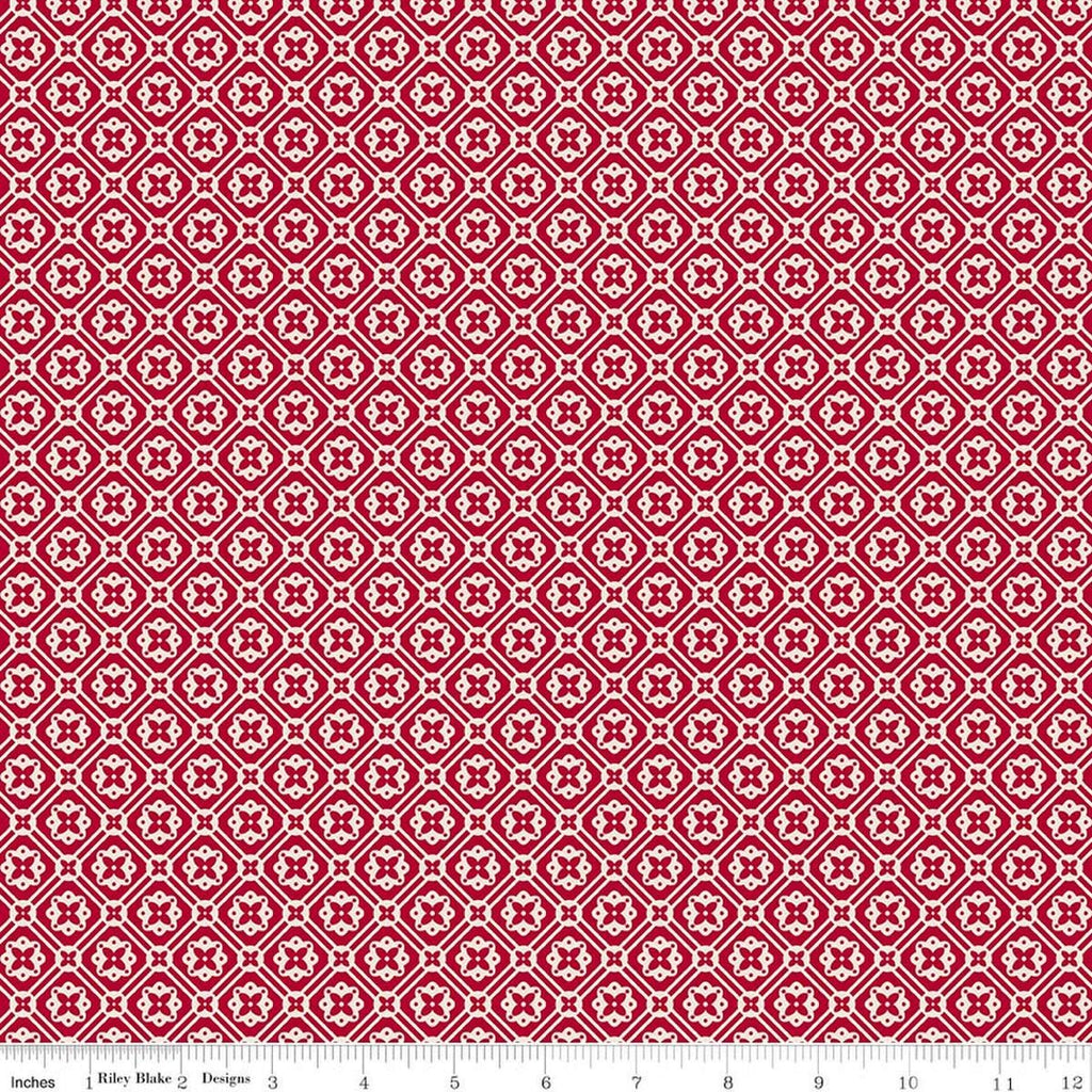 Image of Farmer's Daughter Doily Jazzberry quilting cotton fabric by Lori Holt for Riley Blake Designs. Features geometric on a red background. Cute Little Fabric Shop