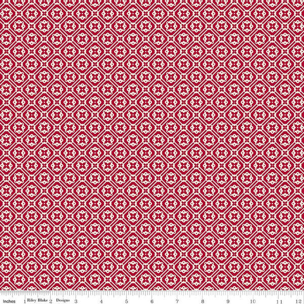 Image of Farmer's Daughter Doily Jazzberry quilting cotton fabric by Lori Holt for Riley Blake Designs. Features geometric on a red background. Cute Little Fabric Shop