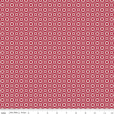 Image of Farmer's Daughter Doily Jazzberry quilting cotton fabric by Lori Holt for Riley Blake Designs. Features geometric on a red background. Cute Little Fabric Shop
