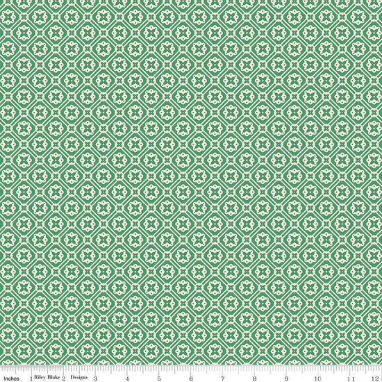 Image of Farmer's Daughter Doily Alpine quilting cotton fabric by Lori Holt for Riley Blake Designs. Features geometric on a green background. Cute Little Fabric Shop