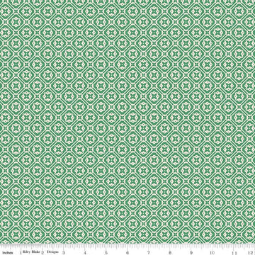 Image of Farmer's Daughter Doily Alpine quilting cotton fabric by Lori Holt for Riley Blake Designs. Features geometric on a green background. Cute Little Fabric Shop