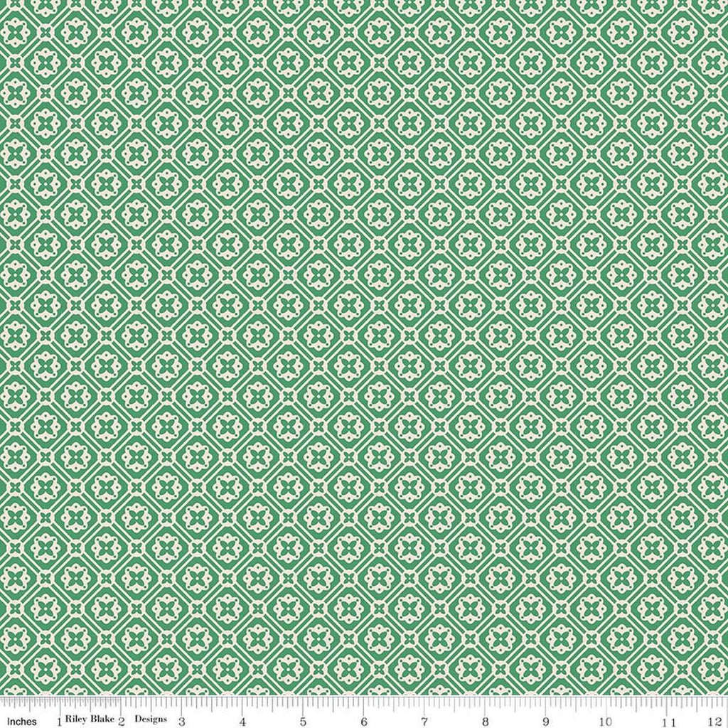 Image of Farmer's Daughter Doily Alpine quilting cotton fabric by Lori Holt for Riley Blake Designs. Features geometric on a green background. Cute Little Fabric Shop