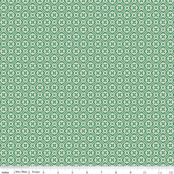 Image of Farmer's Daughter Doily Alpine quilting cotton fabric by Lori Holt for Riley Blake Designs. Features geometric on a green background. Cute Little Fabric Shop