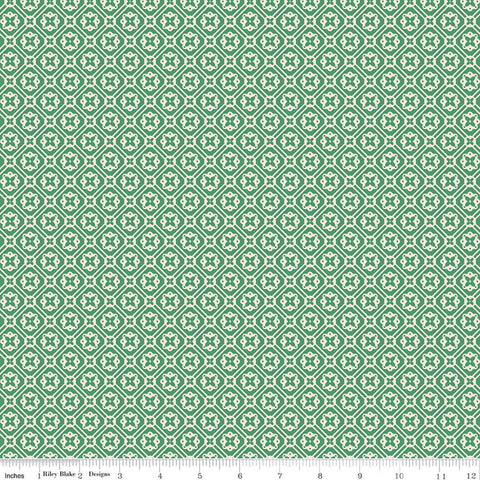 Image of Farmer's Daughter Doily Alpine quilting cotton fabric by Lori Holt for Riley Blake Designs. Features geometric on a green background. Cute Little Fabric Shop