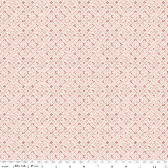 Image of Farmer's Daughter Cherries Background Coral quilting cotton fabric by Lori Holt for Riley Blake Designs. Features geometric on a cream background. Cute Little Fabric Shop