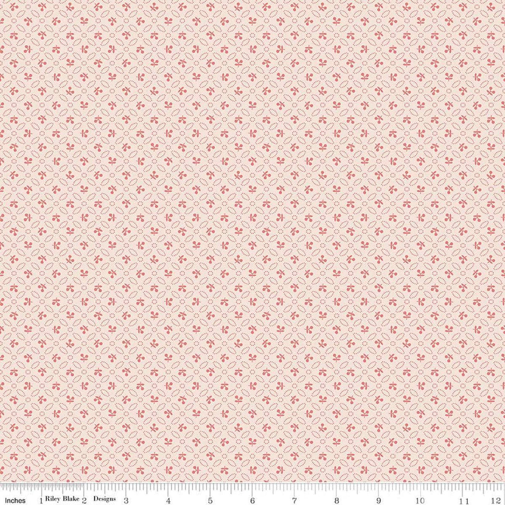 Image of Farmer's Daughter Cherries Background Coral quilting cotton fabric by Lori Holt for Riley Blake Designs. Features geometric on a cream background. Cute Little Fabric Shop