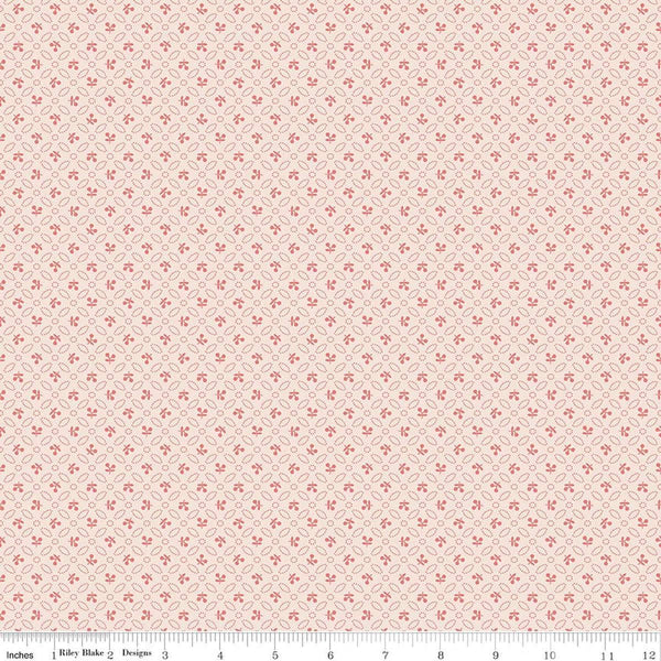 Image of Farmer's Daughter Cherries Background Coral quilting cotton fabric by Lori Holt for Riley Blake Designs. Features geometric on a cream background. Cute Little Fabric Shop