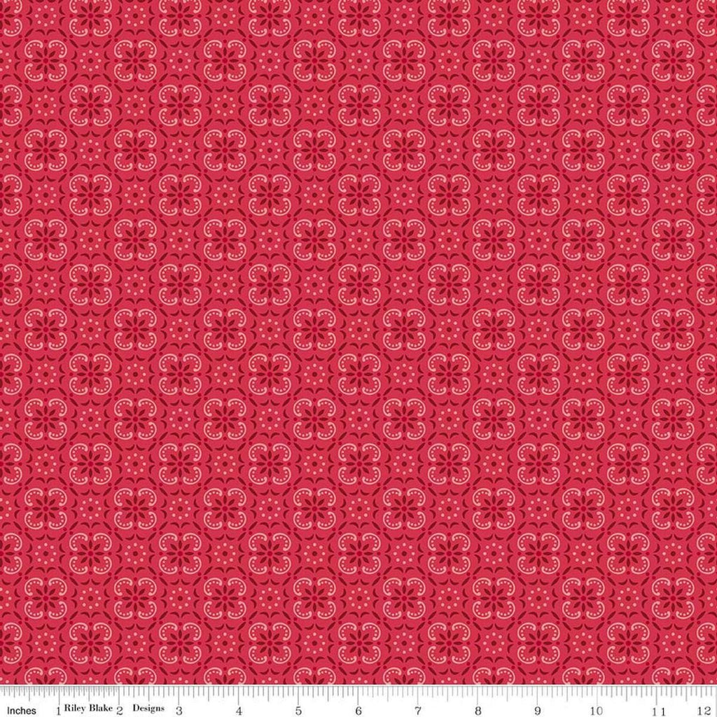 Image of Farmer's Daughter Bandana Tea Rose quilting cotton fabric by Lori Holt for Riley Blake Designs. Features medallions on a red background. Cute Little Fabric Shop