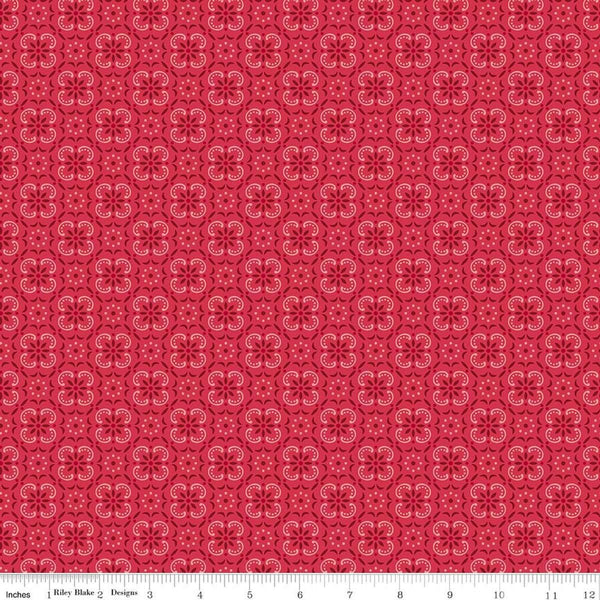 Image of Farmer's Daughter Bandana Tea Rose quilting cotton fabric by Lori Holt for Riley Blake Designs. Features medallions on a red background. Cute Little Fabric Shop