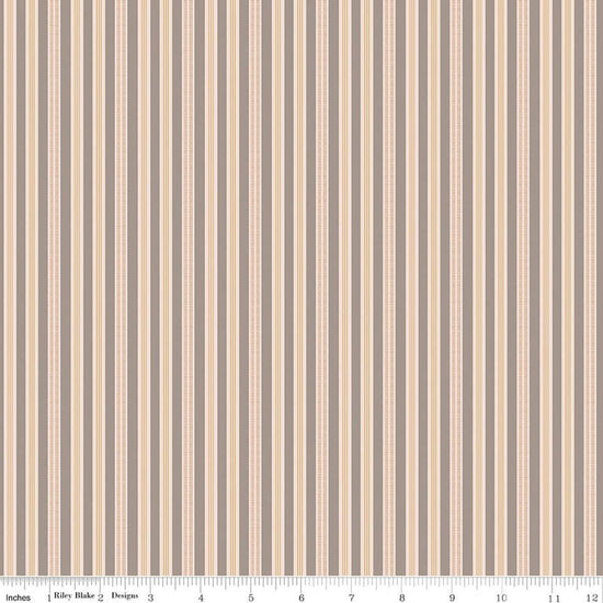 Image of Farmer's Daughter Ticking Pewter quilting cotton fabric by Lori Holt for Riley Blake Designs. Features stripes on a cream background. Cute Little Fabric Shop