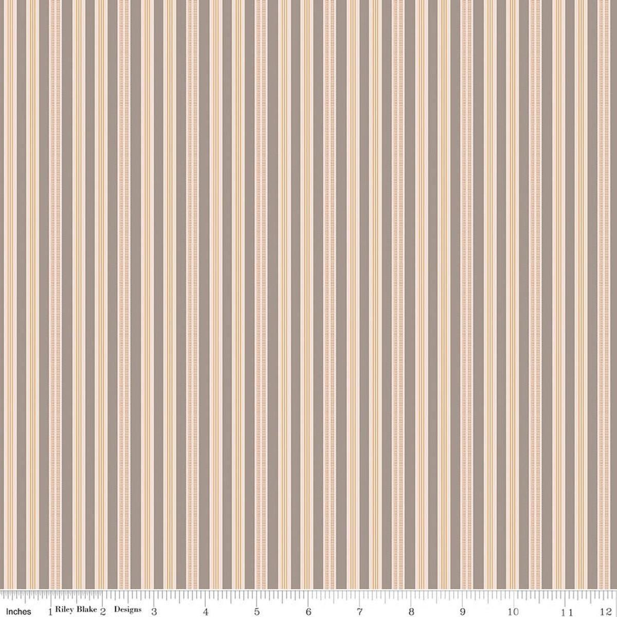 Image of Farmer's Daughter Ticking Pewter quilting cotton fabric by Lori Holt for Riley Blake Designs. Features stripes on a cream background. Cute Little Fabric Shop