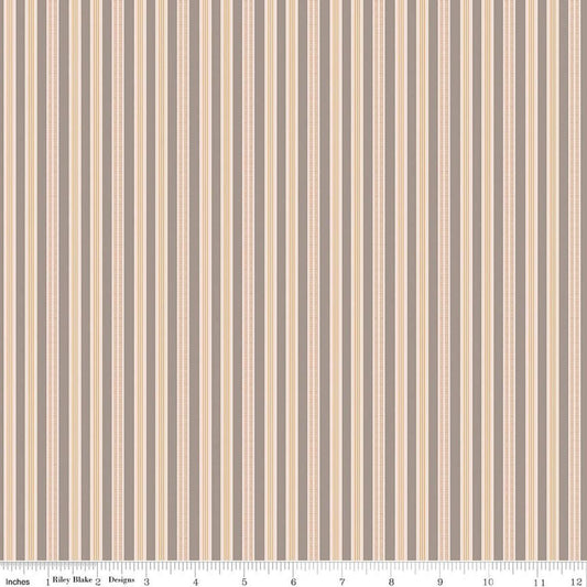 Image of Farmer's Daughter Ticking Pewter quilting cotton fabric by Lori Holt for Riley Blake Designs. Features stripes on a cream background. Cute Little Fabric Shop