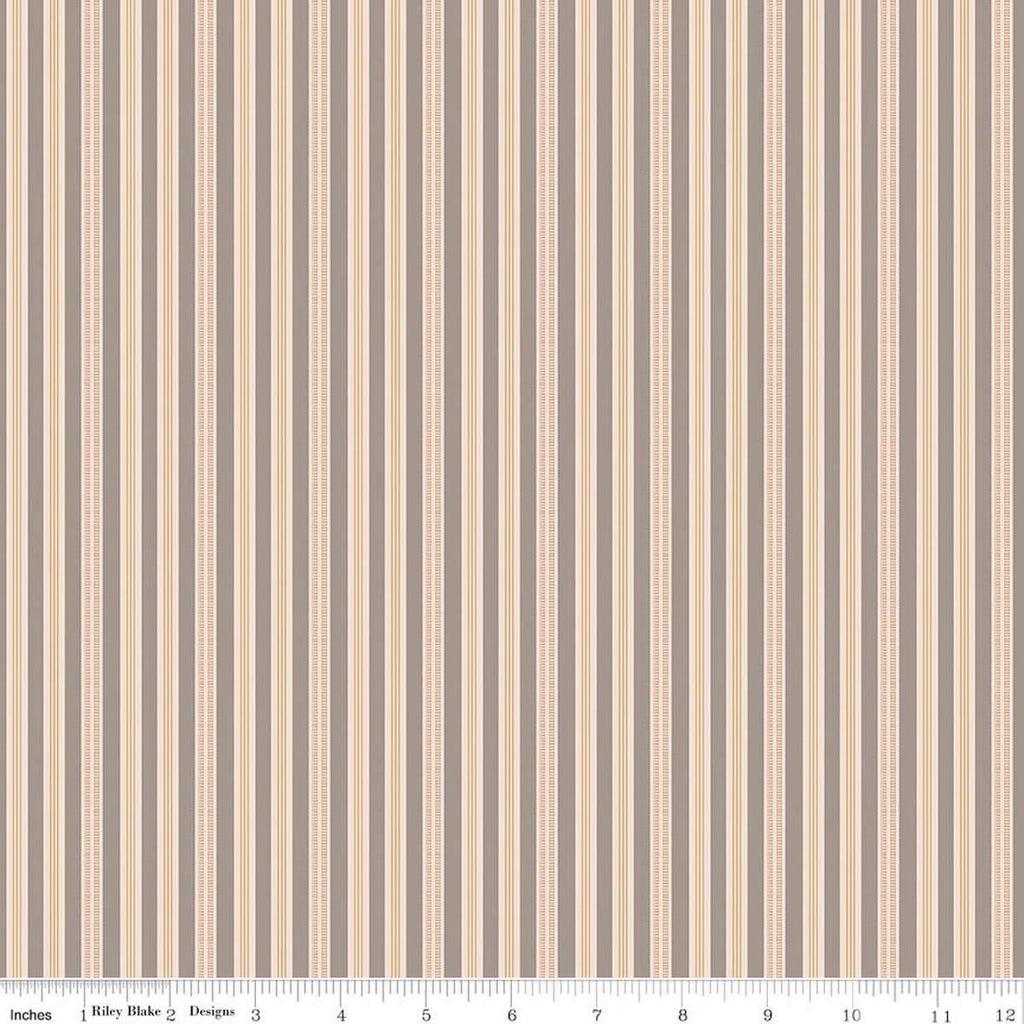 Image of Farmer's Daughter Ticking Pewter quilting cotton fabric by Lori Holt for Riley Blake Designs. Features stripes on a cream background. Cute Little Fabric Shop
