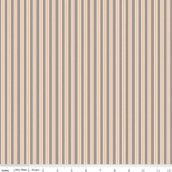 Image of Farmer's Daughter Ticking Pewter quilting cotton fabric by Lori Holt for Riley Blake Designs. Features stripes on a cream background. Cute Little Fabric Shop