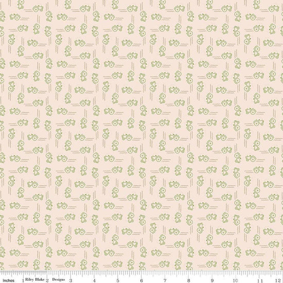 Image of Farmer's Daughter Tractors Background Thyme quilting cotton fabric by Lori Holt for Riley Blake Designs. Features tractors on a cream background. Cute Little Fabric Shop