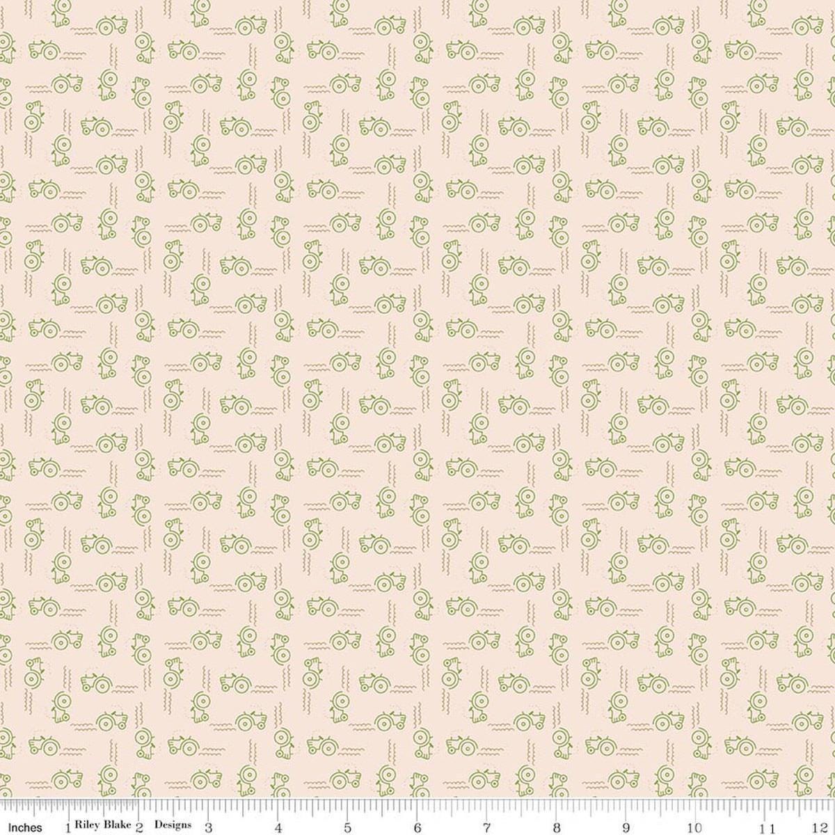 Image of Farmer's Daughter Tractors Background Thyme quilting cotton fabric by Lori Holt for Riley Blake Designs. Features tractors on a cream background. Cute Little Fabric Shop